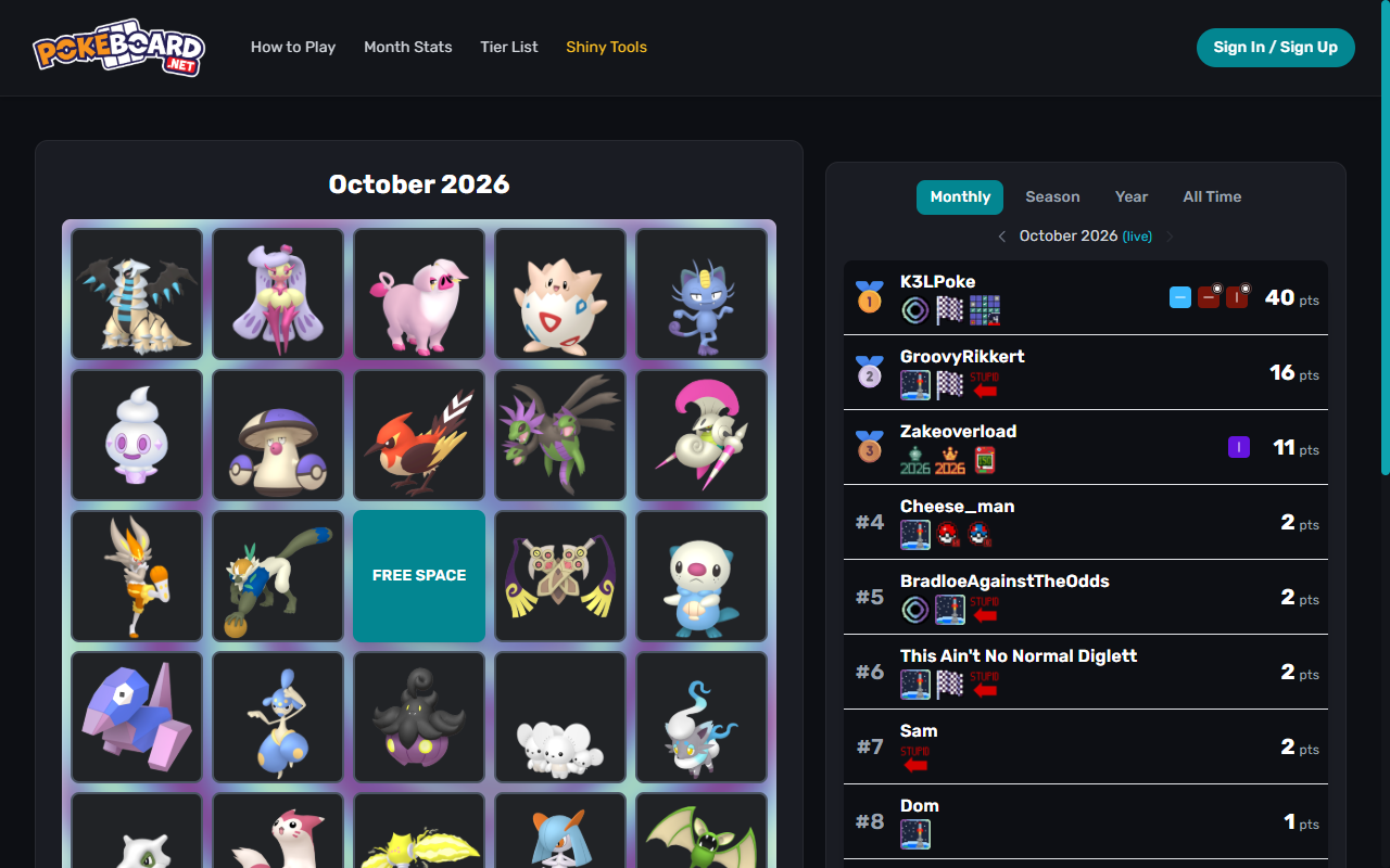 Pokeboard.net home page: the October 2026 bingo board of Pokémon with a free center space, next to the monthly leaderboard of hunters, their badges and points.